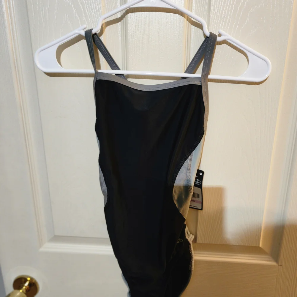 Speedo Women's Black and Gray One-Piece Swimsuit with Yellow Logo - Picture 3 of 5